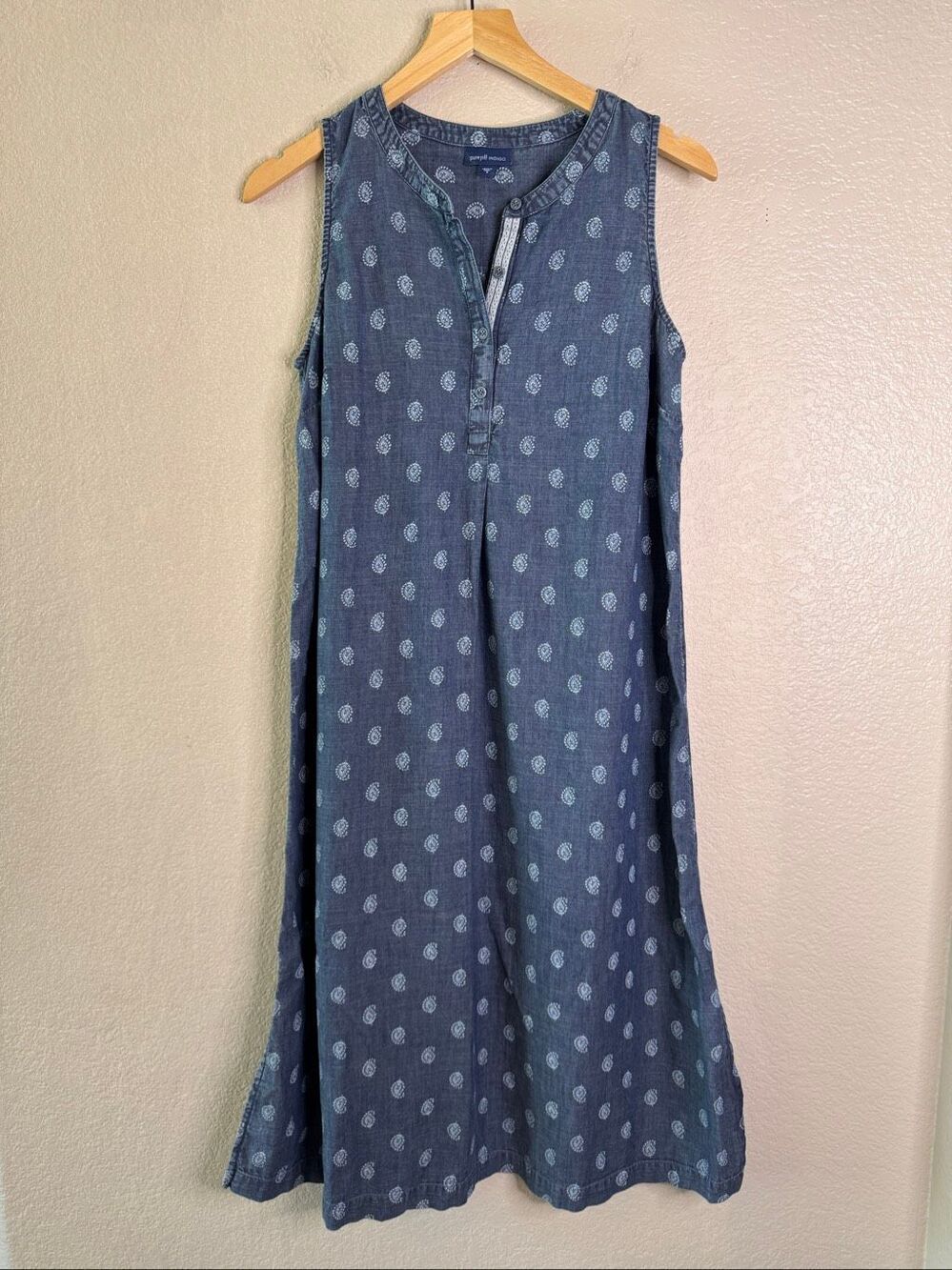 J Jill Indigo Chambray Shift Dress Womens Small Blue Paisley Knee 100% Cotton